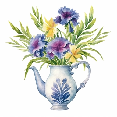 Design a dreamy watercolor clipart of frenchfarmhouse-inspired Asters, celosia, and cornflowers arranged in a playful ceramic teapot composition, hand-painted with soft and graceful brushstrokes. Draw inspiration from the artistic finesse of Ethereal Petals Watercolors for a refined and ethereal depiction. isolated on a white background, hand-drawn illustration, hand-painted watercolor texture, 16k UHD resolution, intricately detailed, sharp focal points, designed by Ana Victoria Calderon and Ho