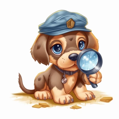 Picture a curious clipart puppy with a magnifying glass, investigating a trail of paw prints, as if on a detective adventure, against a white background.