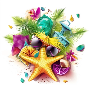 print artwork in digital painting style, palm trees, seashells, starfish, hibiscus, cocktail, sunglasses, flip flops, white background, colorful fantasy sorround, highly detailed clean, vector image, photorealistic masterpiece, professional photography, realistic, flat white background, isometric, vibrant vector, clipart, illustration, realism, 4k, , cinematic, front view, white background