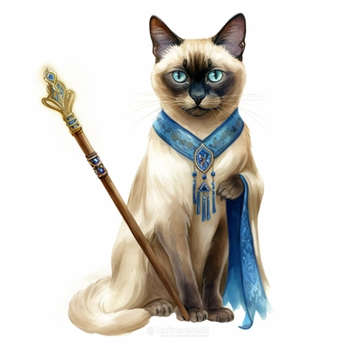 A clipart of a Siamese cat wearing a golden crown and a blue tunic, holding a scepter as a prince, watercolor style, realistic, bright colors, 300 dpi, 8k, white and clear background
