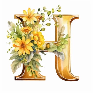 watercolor, Clipart, Golden Monogram, Capital Letter [H] decorated with white flowers, yellow tone