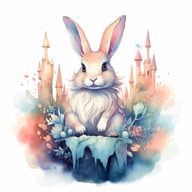 a whimsical, dreamy image of a cute bunny surrounded by elements inspired by fairy tales, such as magical creatures and enchanted landscapes, watercolor style clipart