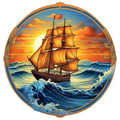 Imagine a romantic scene of a sailing adventure captured within a heart-shaped frame. The sailboat gracefully glides across the sparkling waves, surrounded by a picturesque sunset. The illustration, combining clipart and cartoon elements with hyper-realistic details, highlights the intricate rigging, billowing sails, and the joyous expressions of the characters on board. The high-resolution artwork within the heart-shaped frame against a white background evokes a sense of love and adventure