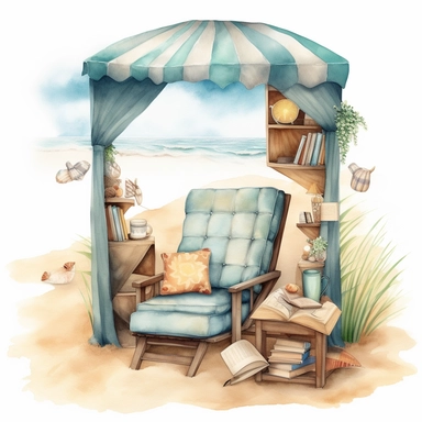 Beach Reading Nook clipart, Coastal Reading Corner, Beach Boho, watercolour style, ocean side