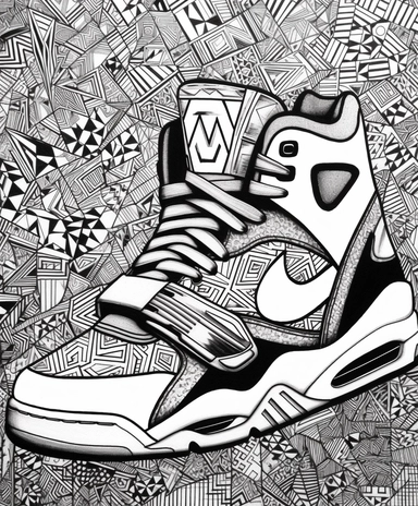 Coloring Page , Geometric style, Nike Air Diamond Turf, glitter patterns background, clipart black and white, no fill,