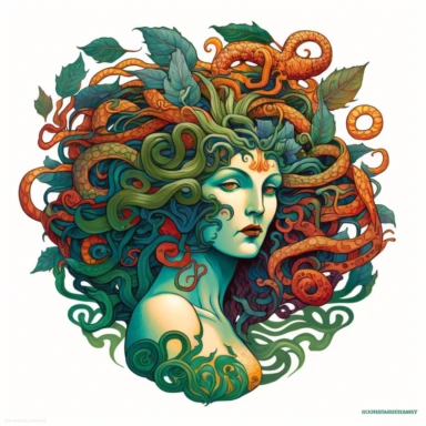 Medusa, art nouveau, bright colours, clipart, centred, white background
