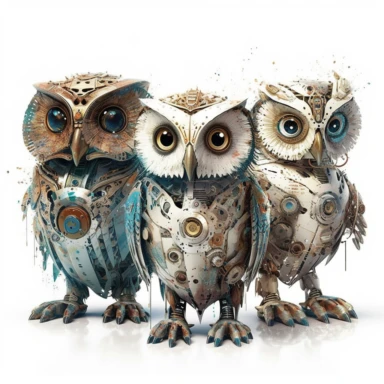 three owls, fantasy owl, fantastic owl, wallpaper owl, gods art, aion, A team of 6 supportive, curious, nerdy computer cats and robots, clipart by Sarah Anderson, pure white background
