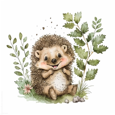 a cute happy baby hedgehog playing clipart in watercolor sketch, woodland animal, white backround,