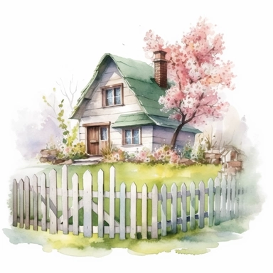 clipart, isolated on white background, beautiful cute Watercolor Spring Cottage - cute little house with fence and chimney, tree and flowers, ornated, pastel colors