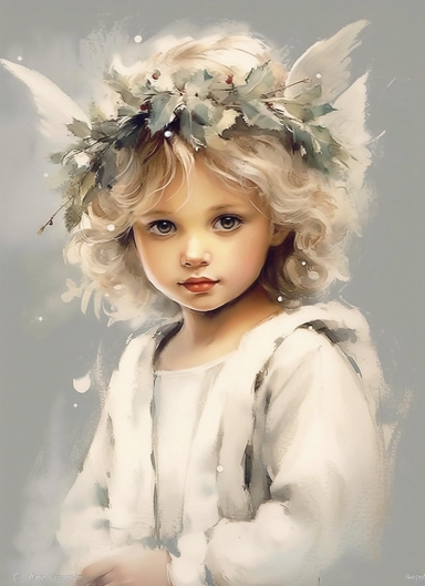 beautiful little Christmas angel , beautiful Christmas clipart, soft faded colors, watercolor art by Marjolein Bastin