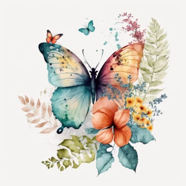 beautiful butterfly with flowers watercolor clipart illustration, transparent background