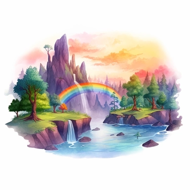 a watercolor of a river forrest scenery with rainbow, realistic fantasy Style, vector free clipart illustration, in the style of unreal engine 5, 32k uhd, detailed features, white background