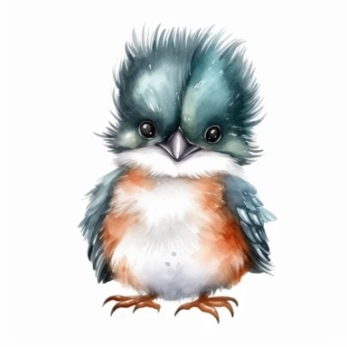 an adorable baby kingfisher with kind eyes clipart with watercolor illustration,full body shot,8k,etsy style, white background