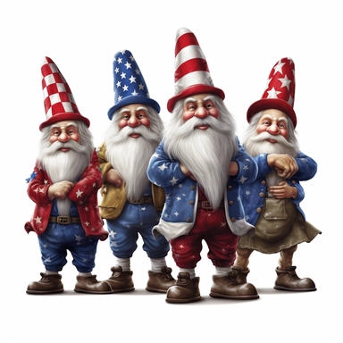 4 july gnomes photorealistic clipart,on white background with margins