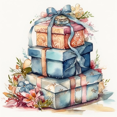 insanely beautiful pile of 3 gift packages , in the style of beatrice potter, 32k uhd, hand-painted details, pastoral illustrations, amazing colour combinations , aquarellist, hd , white background clipart ,-- no watermark--ar 27:37