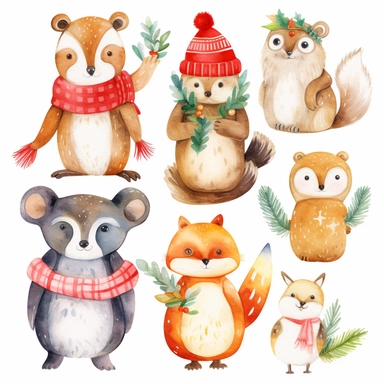 Cute Christmas animals, such as reindeer, penguins, polar bears, and owls, in festive outfits and accessories, watercolor png clipart on a white background