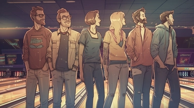 Illustration of relaxed people, Scandinavian men and women in their 40's smiling, concept art, clipart, wearing black hoodies, wearing jeans, full body shot, standing in a bowling lane, BRIGHT bowling alley background, hand drawing, drawn with lines, out of focus bowling alley background, pen drawing, simple lighting, magazine cover, 80mm, 8k, hdr