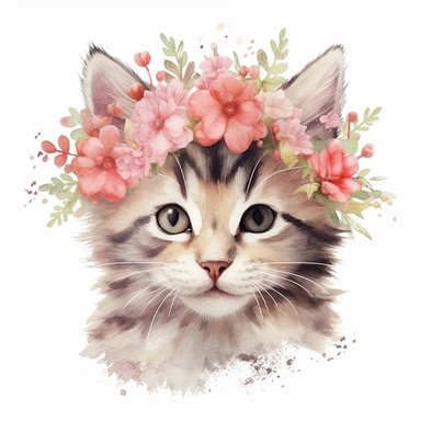watercolor style, cute baby cat, smile, smile, wear flower crown, white background, pixar style details Sublimation Clipart,hyper realistic, intricate detail, illustration style, isolated on white background for removing background