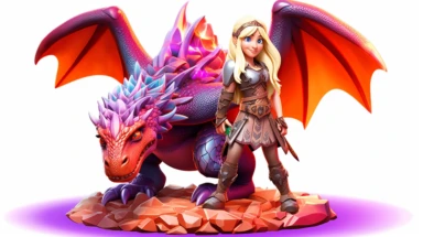 two shot of full body human blonde female viking humanoid in full gear petting her Cute Beautiful 3d baby red fire dragon quadruped Is Standing Full body Vector Sublimation Clipart, Cartoon, disney infinity style, hyper realistic, in-game model, intricate detail, illustration style, high solution, on the white background surrounded by purple crystal gems