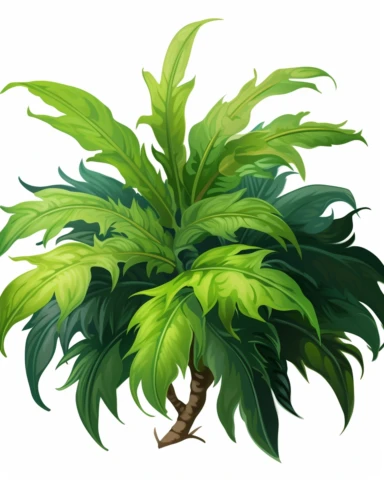 short green jungle plant, clipart illustration, photorealistic, oil paint, happy, beautiful, vibrant colors, cute, ultra detailed, on white background--no cut off