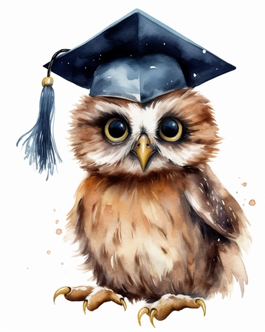 A baby owl wearing a graduation cap and holding a diploma in its beak, watercolor clipart, hd, isolated on white background, spaced out