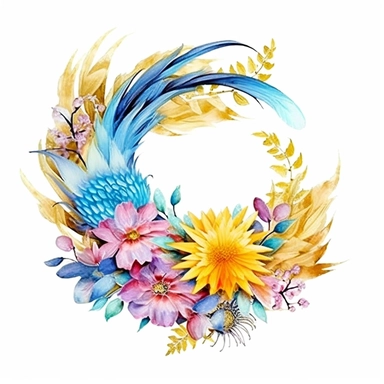 clipart, isolated on white background, Watercolor spring floral gold wreath, detailed, ornated, vivid and vibrant and saturated colors