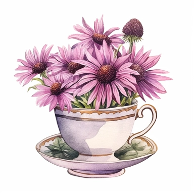 watercolor painting,Purple Coneflowers in teacup clipart, beautiful teacup clip art, fancy teacup, delicate little teacup, victorian