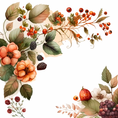 watercolor dusty red floral in the far bottom left corner and far top right coner only, and blackberries in the far bottom left left corner and far up right corner only, clipart, orange, white background, no text