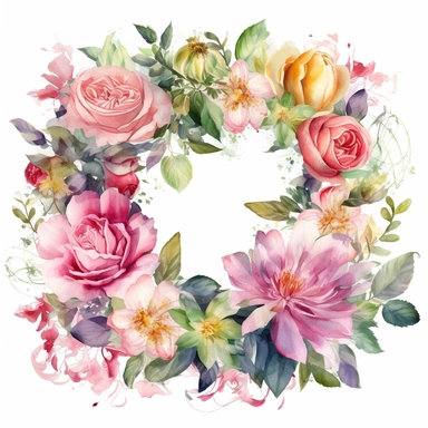 Watercolor Painting of BEAUTIFUL WREATH WITH Rose FLOWERS on white background beautiful multi - headed pale, DETAILED ILUSTRATION, Flora Design Patterns, Flemish Baroque by Rachel Ruysch, Behance, Rococo, Intricate Detailed, Soft Light Effect, Oil Paint Strokes, Light Academia Aesthetic Flowers, Lighting cinematic, all shown shimmering stamens, tyndall light, texture, colorful, 8k, fantasy, ray tracing, vivid, spectacular lighting, octane rendering, highly detailed, ultra - realistic, white back