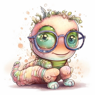 kawaii adorable fantasy baby worm wearing cute glasses, nursery art, clipart image, line art image, white background, inspired by yoshitaka amano art, very detailed, 8k