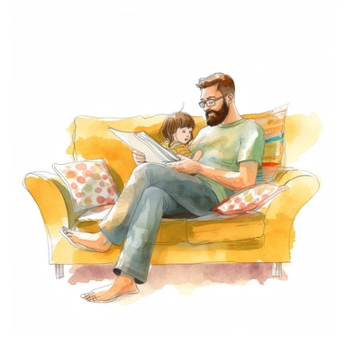 illustration, father and child reading together on the sofa, pastel tones, clipart, white background