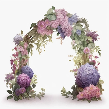 Panoramic view, full view, floral arch swag of small roses, small purple hydrangea, small peony and baby's breath, greenery, photo realistic, high detail, sharp focus, 8k, fantasy, romantic, ethereal, illustration clipart style, transparent background, (--iw 5)