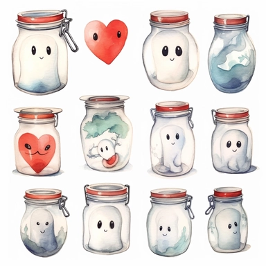 Collection of little flying baby ghost face, transparent glass jar and red love heart. Hand drawn watercolour graphic drawing on white, cutout clip art elements for print, invitations, banners, cards