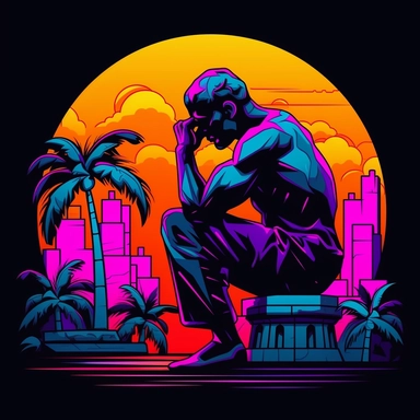 Design a captivating clipart featuring a retro-inspired portrayal of The Thinker sculpture with a Vice City twist. Create a stylish and contemplative character that combines the intellectual depth of The Thinker with elements reminiscent of the vibrant 1980s Miami aesthetic. Incorporate bold colors, neon lights, palm trees, and retro patterns to evoke the Vice City atmosphere. Infuse the clipart with an air of introspection and urban coolness, showcasing the fusion of intellectual curiosity and 