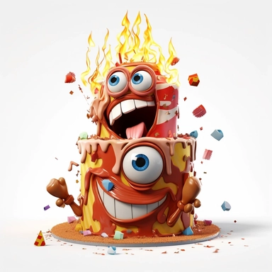 clipart of a messy two layer birthday cake, there is a funny face in the cake, candles, cartoon, for kids, funny, pixar, 8k, white background, sharp focus, detailed,