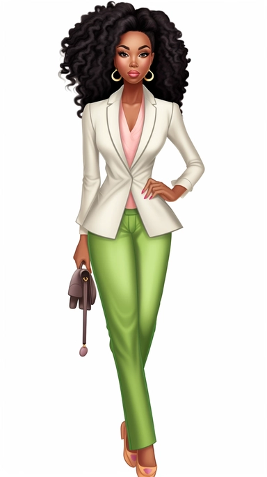full body stylish African American woman clip art wearing salmon pink and apple green suit and heels, intricate braided hair, white background