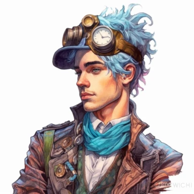 beautiful stunning handsome steampunk young man, he has coloured hair, paint art style, clipart, white background, superrealistic, one of a kind