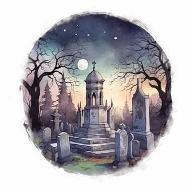 a watercolor illustration of a cemetery with a full moon, in the style of detailed character illustrations, lith printing, mallgoth, iconic, christcore, poignant, sketchy , isolated white background, clipart,