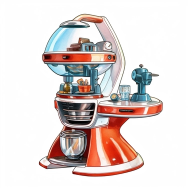 watercolor and ink styling, retro futuristic space age kitchen juicer, clipart on plain white background, 50s vibes, super high detail ultra precision 16k HD, clean crisp brushwork, painted by Beatrix Potter