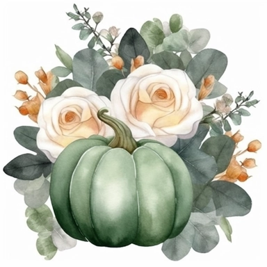 Dark green pumpkin, bouquet of white roses, green leaves, gray eucalyptus leaves, white fruits, watercolor, clipart, illustration, white background