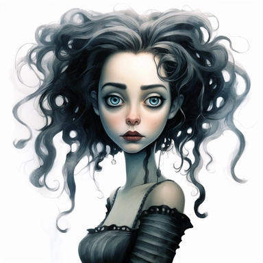 Beautiful pretty young woman tim Burton characters films style, paint art style, detail, clipart, white background, superrealistic, one of a kind