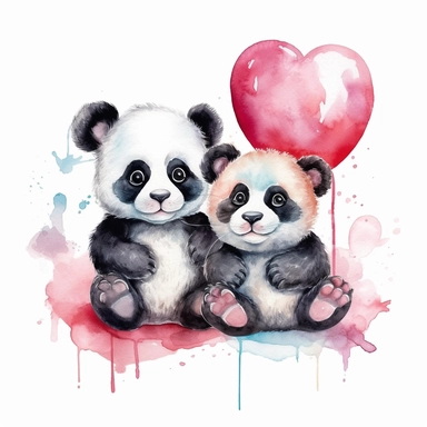 Clipart watercolor, white background: Two cute laughing baby pandas sitting side by side, holding a heart-shaped balloons, detailed, white background