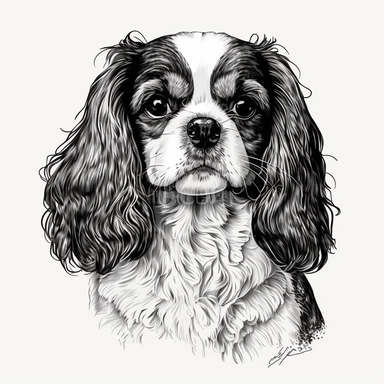 cavalier King Charles spaniel vector illustration, black and white, clipart style, simple clean bold lines, cartoonistic style, white background