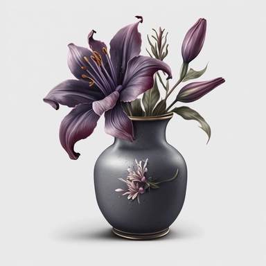 Watercolor dark purple Lily clipart in grey vase. no text. lifelike. 4k. 8k. No background. No shadows