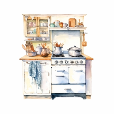 watercolor clipart, small vintage kitchen unit in decent light colors, white background, view from front, high quality, highly detailed, sharpness
