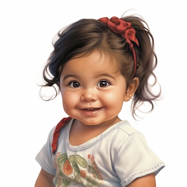 Adorable, cute, mexican, baby girl, happy, smiling, wearing a re shirt and a satin ribbon in her hair, extreme focus, professional artists rendition, no text, no logo, no name, no letters, Highly Detailed, clip art, white background, smooth edges, flawles