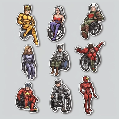 6 clipart elements, series of very hyperdetailed colorful stickers, cool people with disabilities, marvel style, superheros, each sticker with a clear white outline between each element, light grey background, realistic