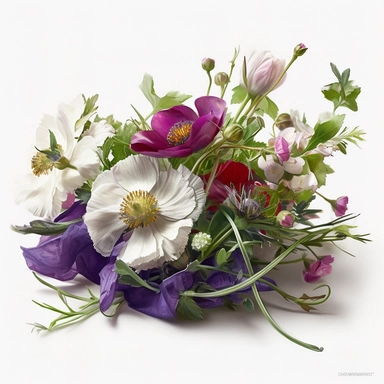 a simple gorgeous wildflowers and flowers corsage with ribbon and greenery on white background clipart, deep purple, emerald green, and ruby red color theme, watercolor painting realistic, high quality, vibrant, Vicente Romero Redondo, Willem van Aelst, Elsa Beskow