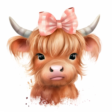 cute watercolor illustration baby girl highland cow wearing pretty hair bow clipart on white background