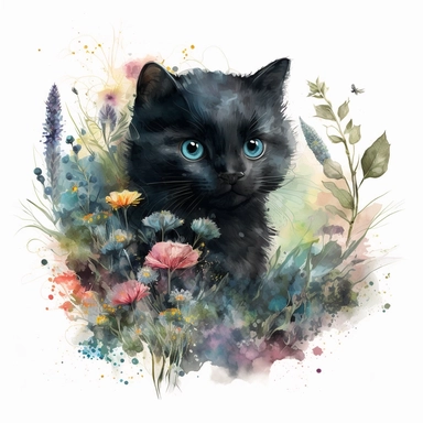 A baby balck cat in a natural setting, surrounded by flowers, watercolor, pastel colors, whimsical andplayful, with a touch of magic, soft edges, textured fur or feathers, dreamy and serene atmosphere, clipart